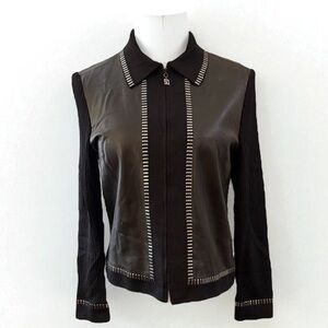 St. John Collection Lamb Leather Knit Combo Zip Front Jacket